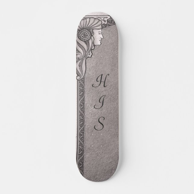 Grey Art Nouveau Wedding Skateboard (Front)