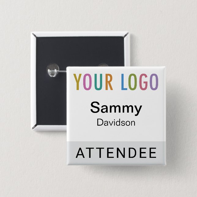 Grey Attendee Name Badge with Logo Pinback Square (Front & Back)
