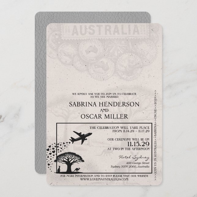 Grey Australia Passport Wedding Invitation (Front/Back)