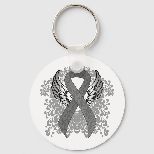 Grey Awareness Ribbon with Wings Key Ring (Front)