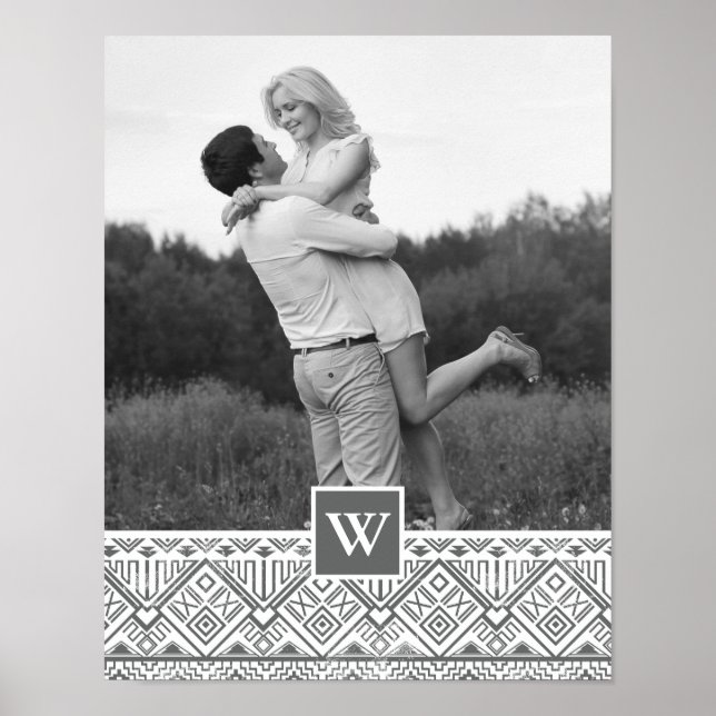 Grey Aztec Pattern | Photo with Monogram Poster (Front)