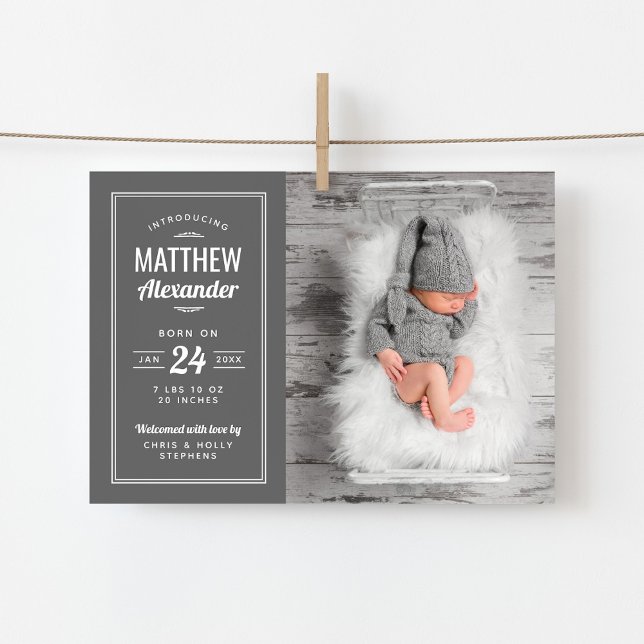 Grey Baby Boy Magnetic Photo Birth Announcement (Creator Uploaded)