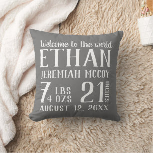 Grey Baby Boy Nursery Birth Stats Pillow