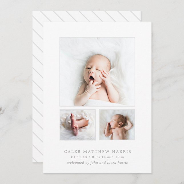 Grey Baby Boy Photo Collage Simple Birth Announcement (Front/Back)