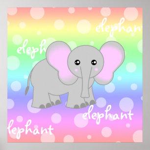 Grey Baby Elephant Cute Rainbow Poster Print