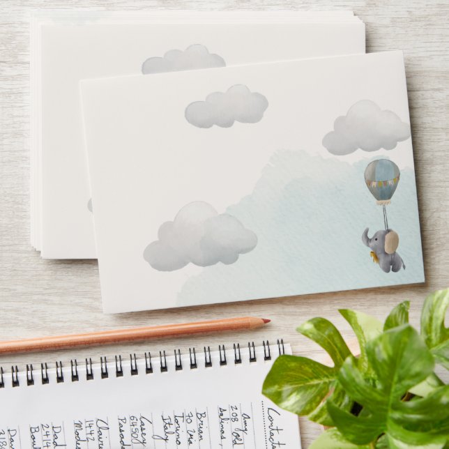 Grey Baby Elephant, Hot Air Balloon in Clouds Envelope (Stacked)