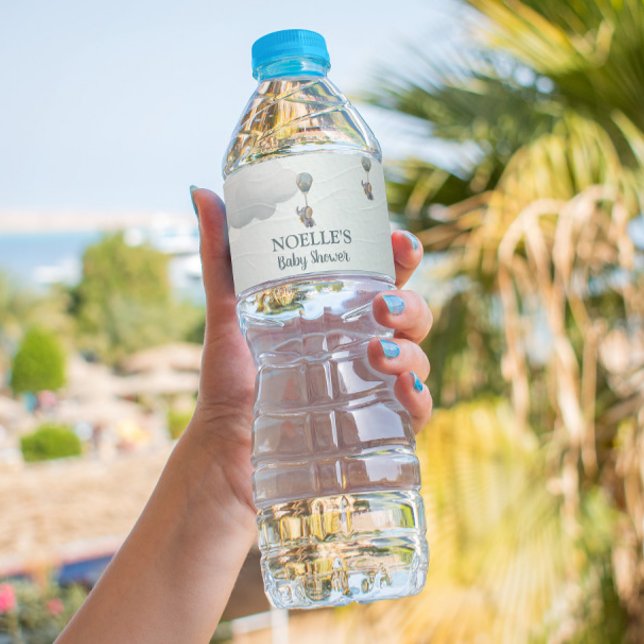 Grey Baby Elephant, Hot Air Balloon in Clouds Water Bottle Label (Creator Uploaded)