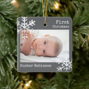 Grey Baby First Christmas Photo Ceramic Ornament