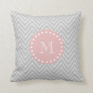 Grey Baby Pink Modern Chevron Custom Monogram Cushion