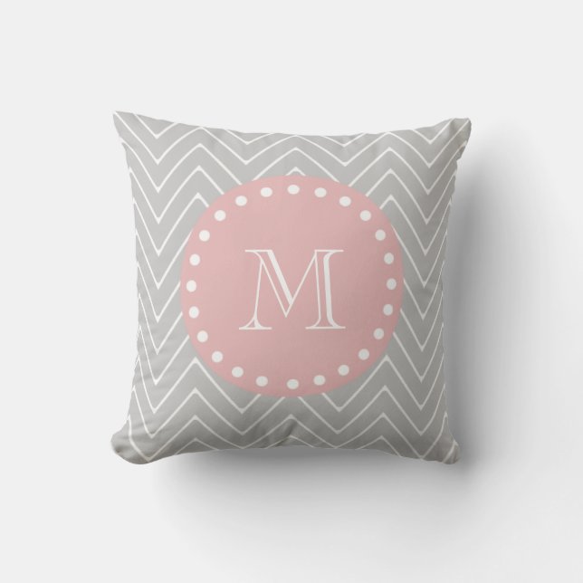 Grey Baby Pink Modern Chevron Custom Monogram Cushion (Front)