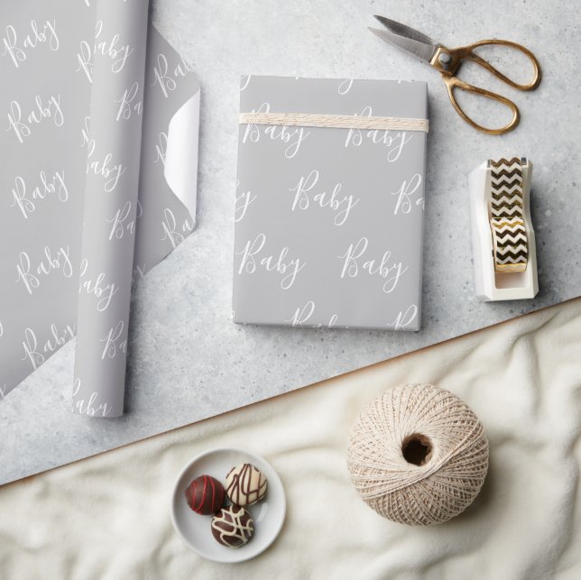 Grey Baby Script Elegant Baby Wrapping Paper (Crafts)