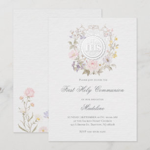 grey background floral frame first communion invitation