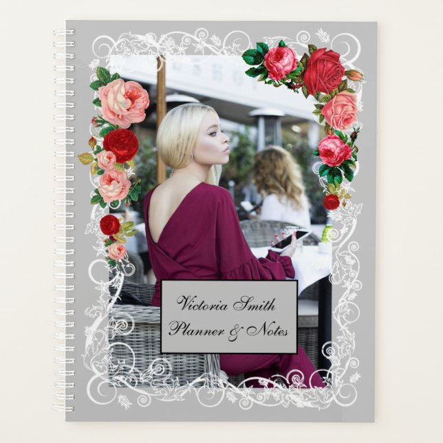 Grey Background Girl Fashion Modern Elegant Red Planner (Front)