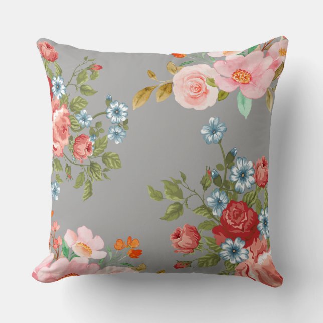 Grey Background Pillow with Small Floral Design" (Front)
