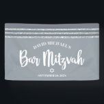Grey Bar Mitzvah Modern Silver Tallit Bold Script  Banner<br><div class="desc">Be proud, rejoice and showcase this milestone of your favourite Bar Mitzvah! Hang up this cool, unique, modern, personalised banner to add to his special day. Bold, white script typography, Star of David, and a soft grey and silver glitter striped tallit inspired graphic overlay a simple, lighter soft grey background....</div>