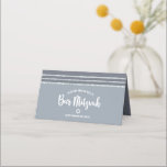 Grey Bar Mitzvah Silver Tallit Bold Script Modern Place Card<br><div class="desc">No Bar Mitzvah party is complete without personalised place cards. Let your favourite Bar Mitzvah be proud, rejoice and celebrate his milestone at his perfectly coordinated party. Bold, dark grey typography and a dark grey and faux silver glitter striped tallit inspired graphic overlay a simple, soft, light grey background. On...</div>