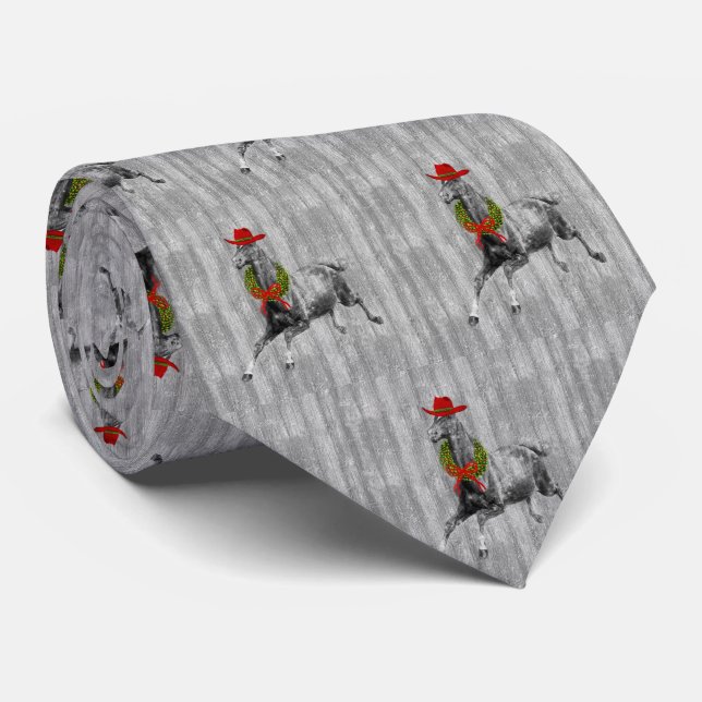 Grey Barn Wood Wild Horse in a Red Cowboy Hat Tie (Rolled)
