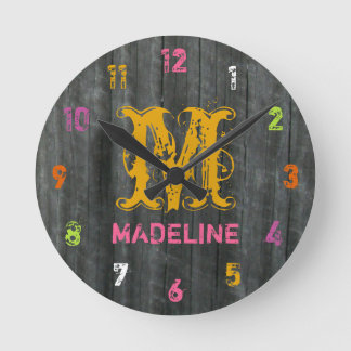 Grey Barnwood Inspired Colourful Personalised Cloc Round Clock