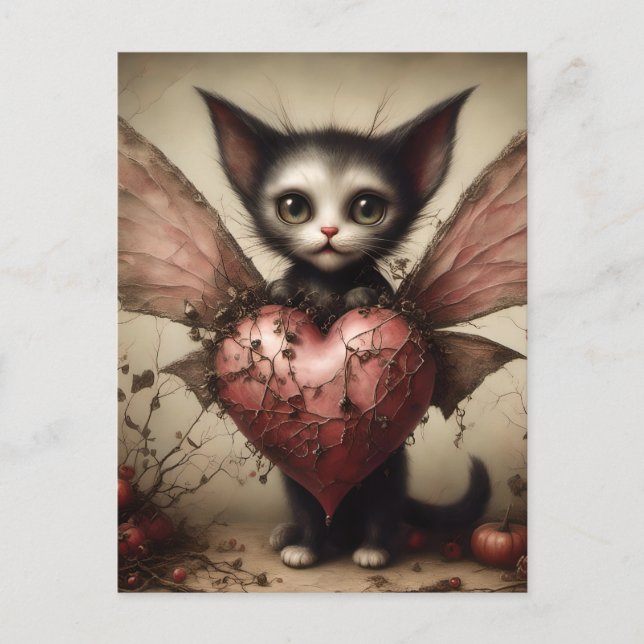 Grey Bat Cat Fairy with Pink Heart Postcard (Front)
