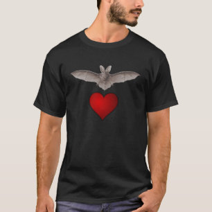 Grey Bat with Red Heart on Black "Bat love" T-Shirt