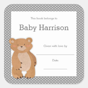 Grey Bear Baby Shower Bookplate, neutral book Square Sticker