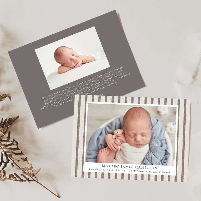 Grey & Beige Farmhouse Linen Stripes Photo Birth Announcement (Creator Uploaded)