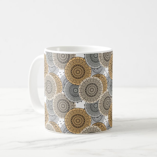 Grey beige pattern arabic mandala oriental style coffee mug (Front Left)