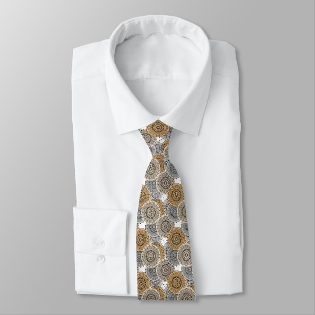 Grey beige pattern arabic mandala oriental style tie (Tied)