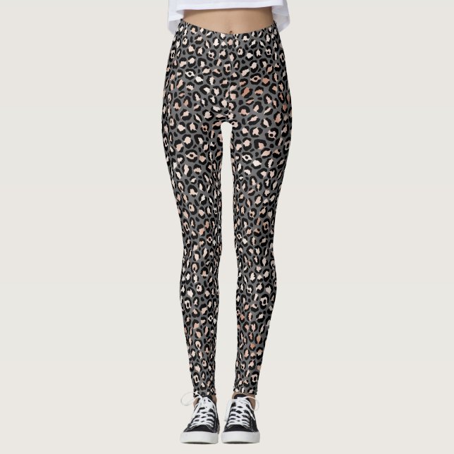 Grey Beige Peach Rose Leopard Print         Leggings (Front)