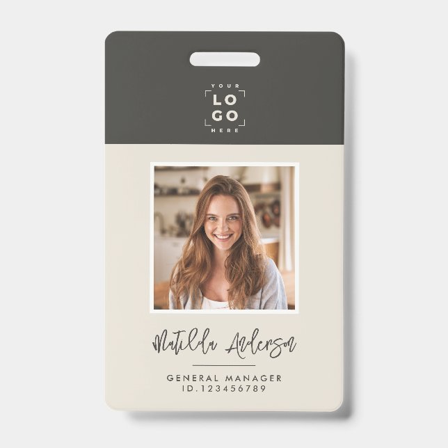 Grey beige QR code modern minimal photo abstract ID Badge (Front)