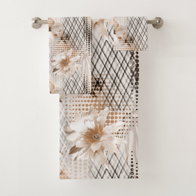 Grey, beige tropical pattern. bath towel set (Insitu)