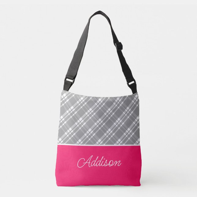 Grey Big Plaid And Pink Stripe Crossbody Bag (Front)