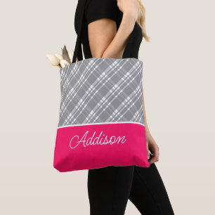 Grey Big Plaid And Pink Stripe Tote Bag
