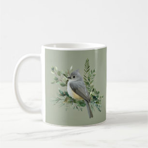 Grey Bird on Branch olive green background Mug