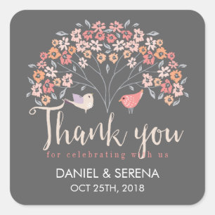 Grey Birds Floral Script Thank You Wedding Sticker