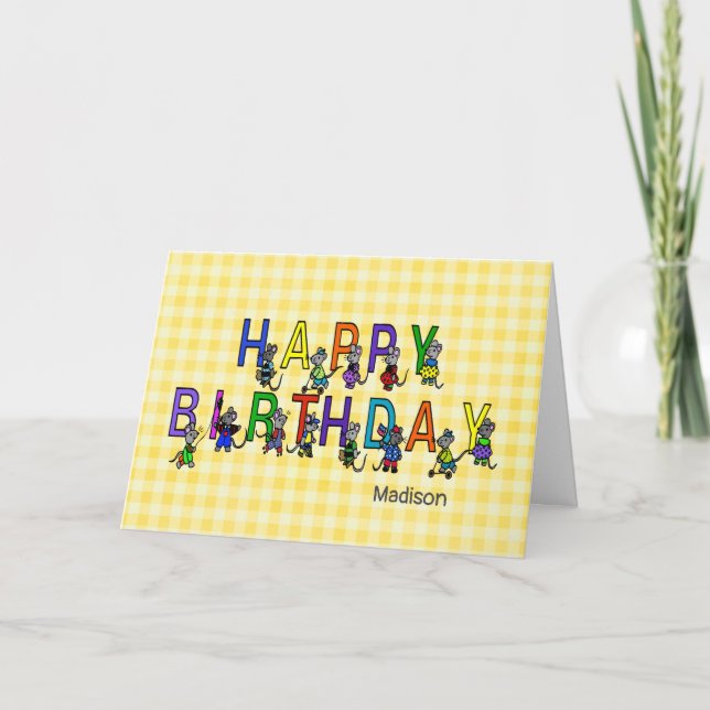 Grey birthday mice on yellow gingham card (Front)