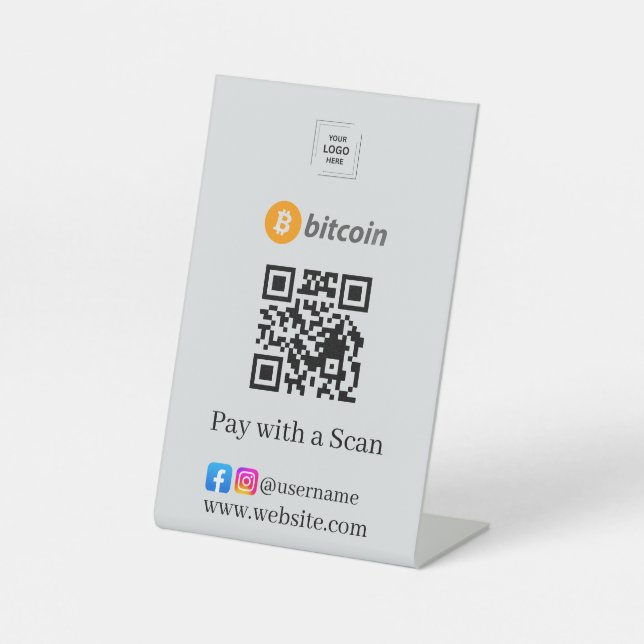Grey Bitcoin QR Code Scan Me Business Pedestal  Sign (Front)