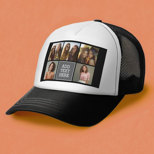 Grey Black 5 Photo Collage with Text Trucker Hat (Custom Trucker hat)