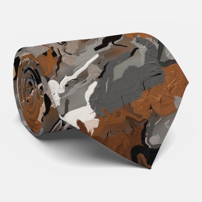 Grey, Black and  Caramel Abstract Tie (Rolled)