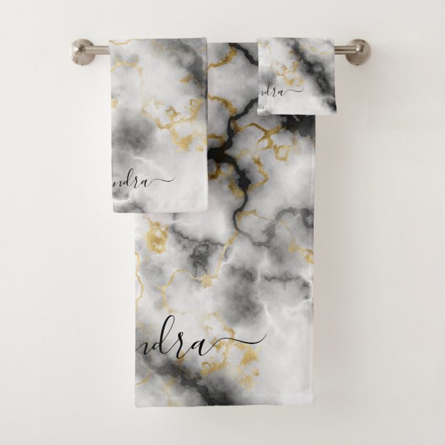 Grey Black and Gold Modern Marble Custom Elegant Bath Towel Set (Insitu)