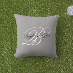 Grey Black and White Fancy Wedding Monogram Cushion