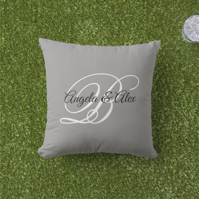 Grey Black and White Fancy Wedding Monogram Cushion (Grass)