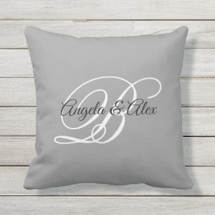 Grey Black and White Fancy Wedding Monogram Cushion