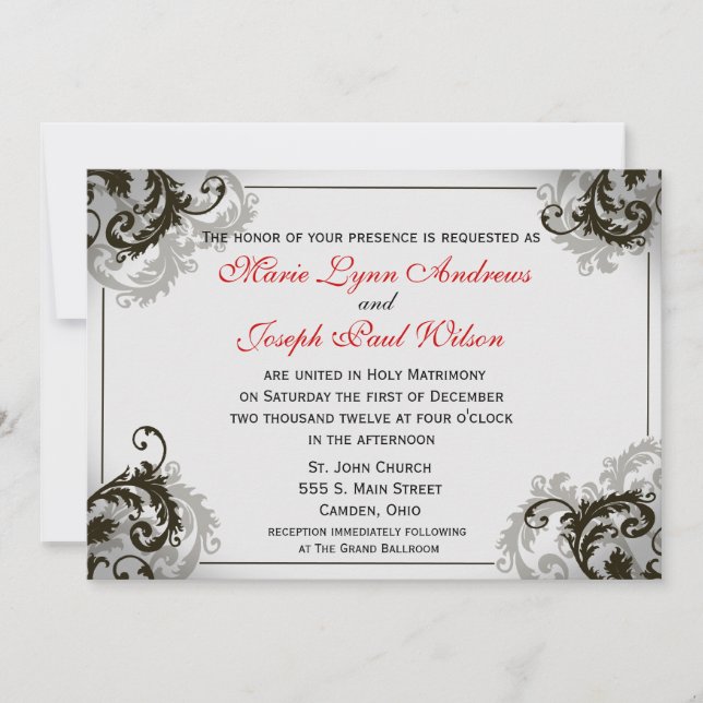Grey, Black, and White Flourish Wedding Invitation (Front)