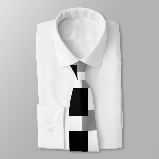 Grey Black and White Geometric Block Pattern Tie (Tied)