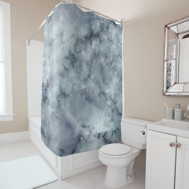 Grey Black and White Marble Pattern Shower Curtain (In Situ)
