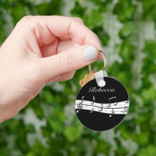 Grey black and white musical notes score key ring
