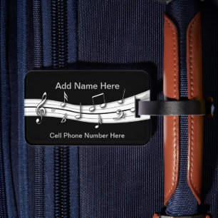 Grey black and white musical notes score luggage tag