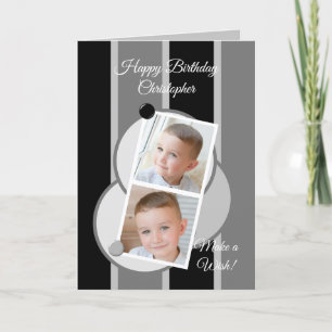 Grey black and white stripes photos birthday card