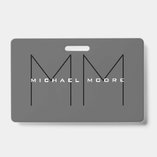 Grey Black Bold Monogram Modern Minimalist ID Badge